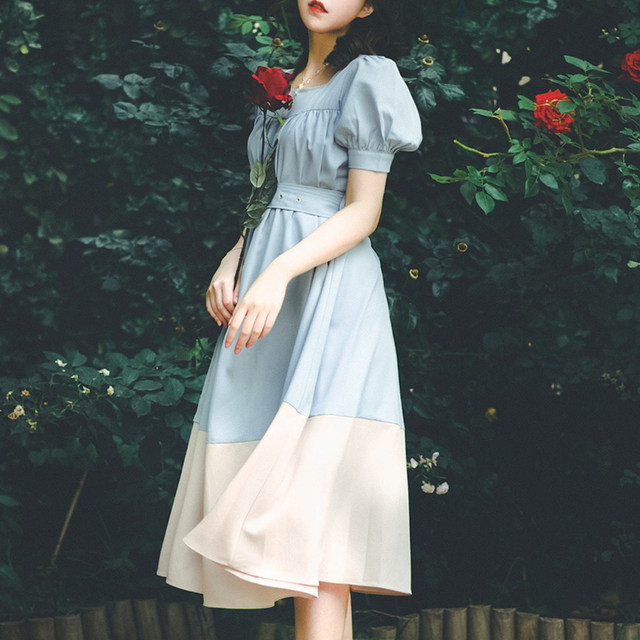 Mi Ai Original <The Realm of the Sky> French Retro First Love Square Collar Summer Contrast Color High Waist Dress Girls College