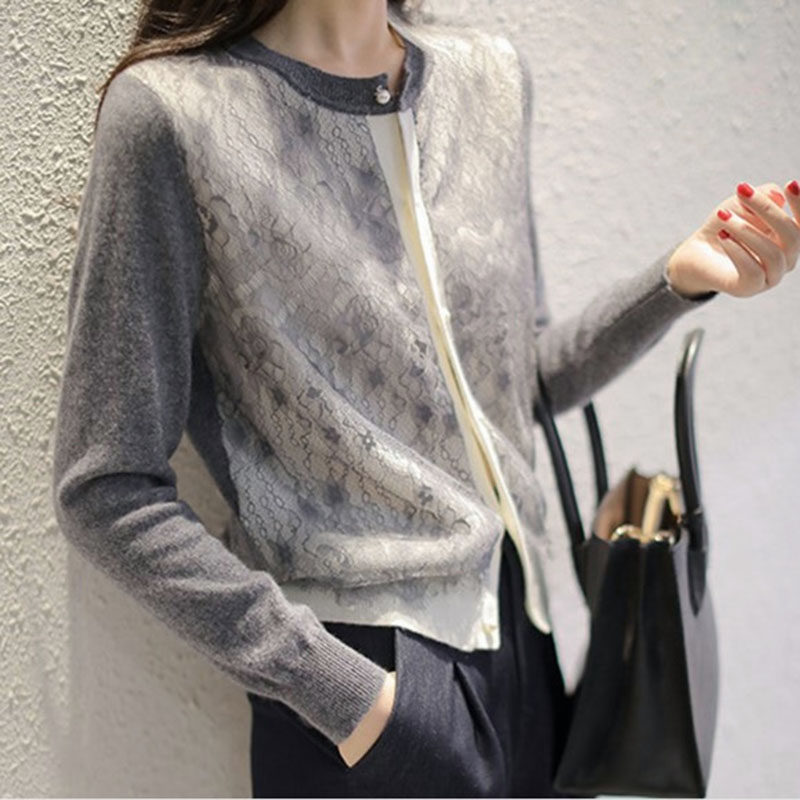 Wool knitted open shirt spring 2023 new long sleeve French temperament lace hollowed short fragrance coat
