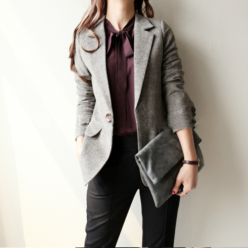 Plaid small blazer women's spring and Autumn 2021 new Korean slim wild wool coffee plaid suit top