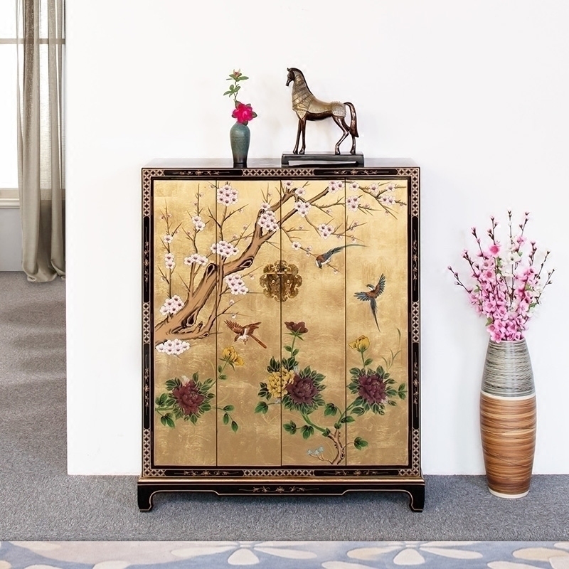 Solid wood shoe cabinet new Chinese painted gold leaf home large capacity shoe cabinet entrance cabinet light luxury balcony locker