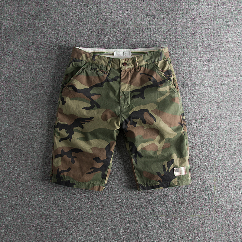Musonmu American-Style Sports Camouflage Cargo Shorts for Men, Thin Five-Point Shorts, Washed, Slightly Elastic, Slim-Fit Casual Mid-Length Pants