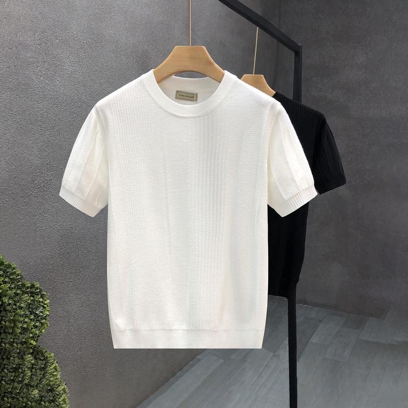 Musonmu White Jacquard Short-Sleeved Sweater Men's Summer Thin Base Shirt Men's Trendy Brand Half-Sleeved Knitwear