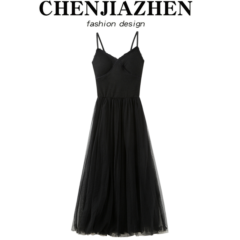 Chenjiazhen Black Elegant High-End A-Line Waist-Cinching Mid-Length Holiday Mesh Dress Long Skirt for Women Summer Chenjiazhen Black Elegant High-End A-Line Waist-Cinching Mid-Length Holiday Mesh Dress Long Skirt for Women Summer