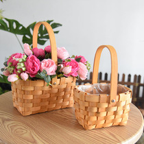 Flower basket decoration rattan small blue weaving flower arrangement bamboo weaving portable flower Creative straw European creative flower basket