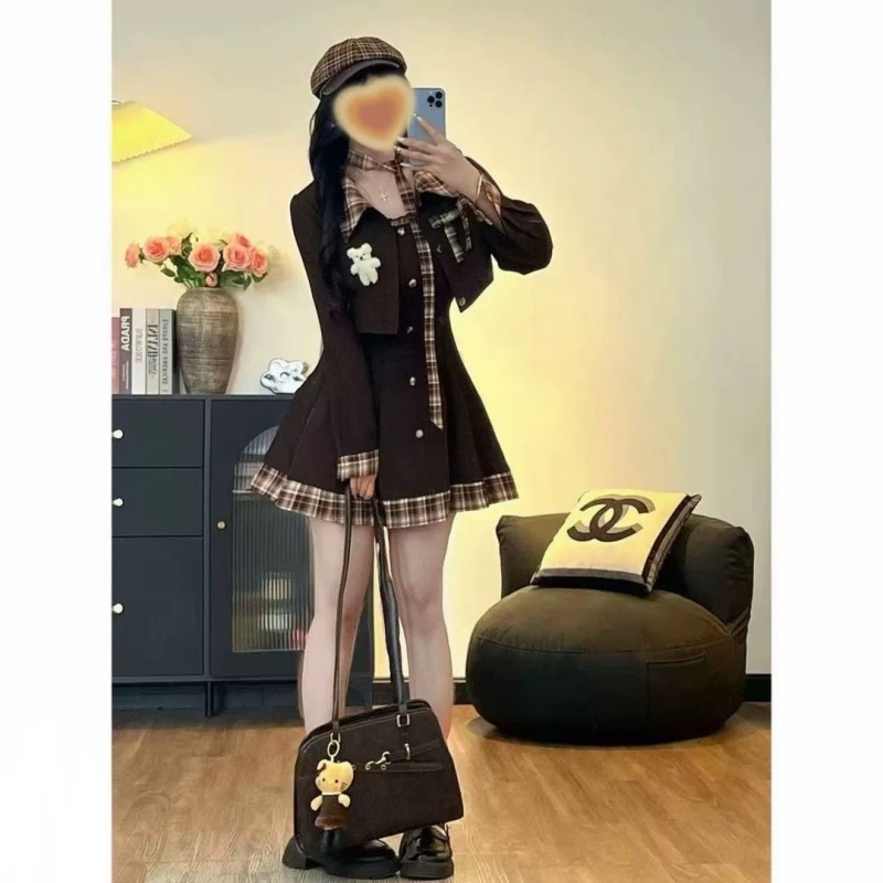 Plus Size Fat Girl College Style Patchwork Suspender Dress Set Autumn and Winter Outfit Waist-Cinching Slimming Long Skirt Cardigan Two-Piece Set