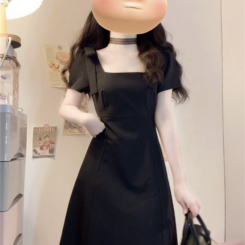 Plus Size Fat mm Korean Style Elegant Short-Sleeved Square Neck Dress Women's Summer Waist Slimming Look Hepburn Style High-End Long Skirt Plus Size Fat mm Korean Style Elegant Short-Sleeved Square Neck Dress Women's Summer Waist Slimming Look Hepburn Style High-End Long Skirt