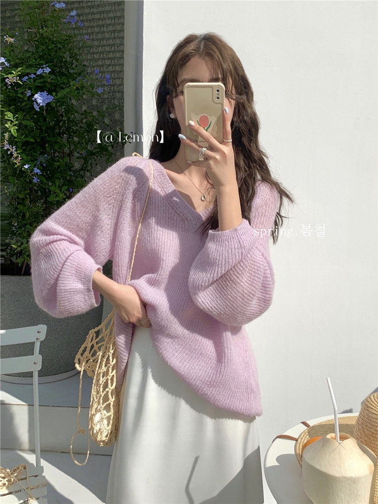 春と秋の新しい優しい怠惰なスタイルのVネックのゆったりとしたニットセータータロイモ紫の柔らかいもちもちモヘアセータートップスレディース薄手