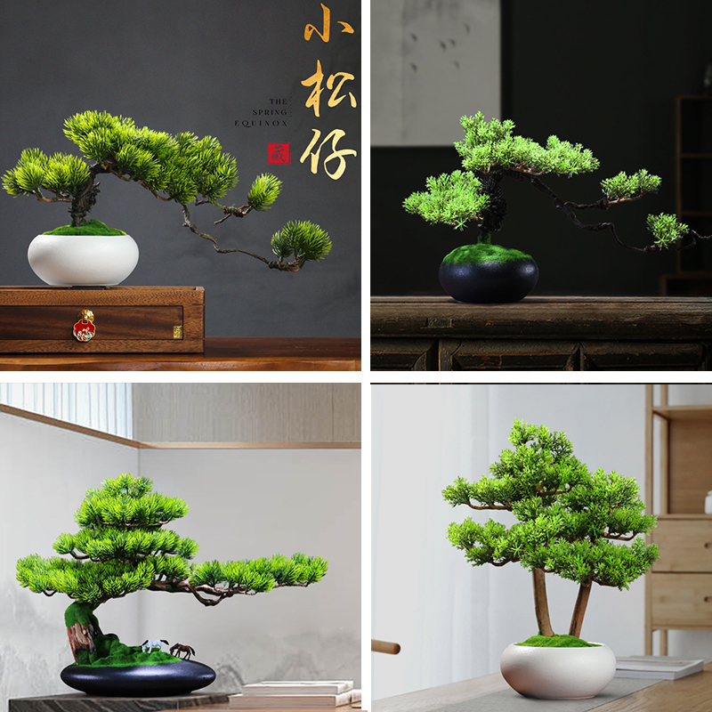 Artificial Welcoming Pine Bonsai Small Ornament for Display Shelf, Tv Cabinet, Coffee Table, Zen-Style Office Desktop Decoration, Chinese Style