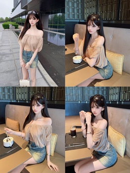 Eva junjunjiang ການອອກແບບສະໄຕລ໌ເກົາຫຼີ niche one-shoulder chiffon shirt women's mesh pleated versatile short top