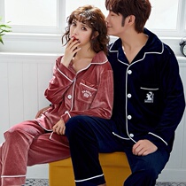 New couple golden velvet pajamas Spring and Autumn long sleeves solid color Thin Mens Womens Home clothes two-piece set