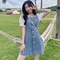 Dress waist summer new 2021 denim short sleeve first love line dress sweet cool lace stitching ins Womens