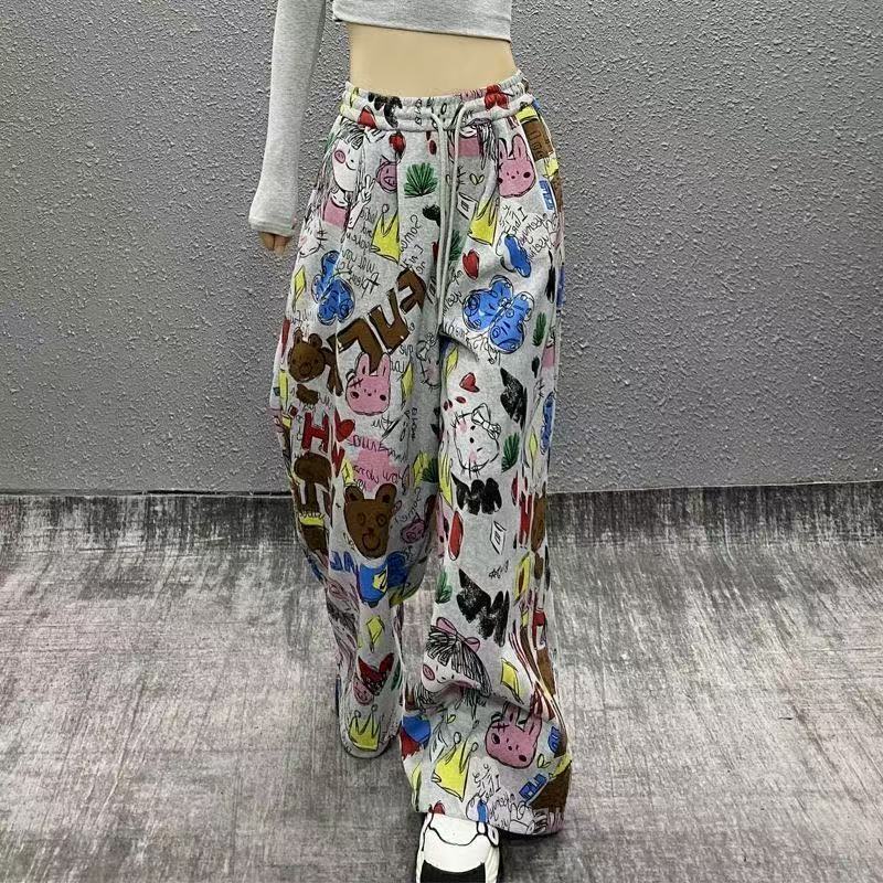 Trendy Mom Summer Graffiti New High-Waisted Printed Slimming Loose Casual Pants Wide-Leg Casual Floor-Length Pants with Unique Summer Style Trendy Mom Summer Graffiti New High-Waisted Printed Slimming Loose Casual Pants Wide-Leg Casual Floor-Length Pants with Unique Summer Style