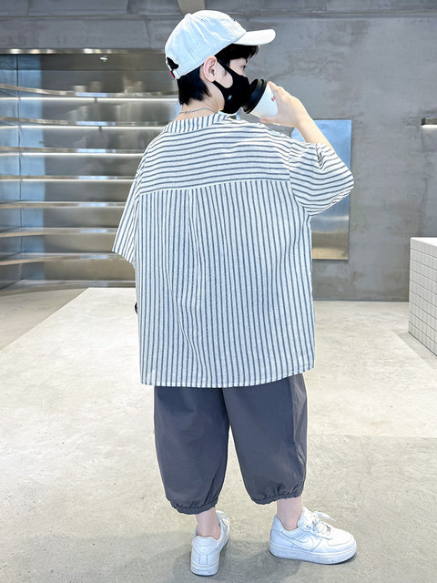 Boys' Summer Outfit 2025 New Children's Fashion Thin Sports Set for Older Boys, Summer Striped Stylish Trendy