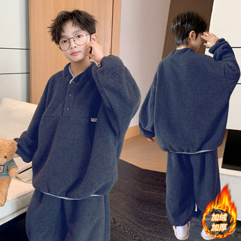 Boys' Winter Pajama Set, Big Kids' Autumn and Winter Style, Boys' Fleece-Lined Thickened Home Wear Two-Piece Set, Trendy Children's Clothing