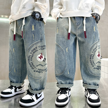 Boys' Jeans Spring and Autumn Outfit, Cool and Stylish Pants for Boys, 2025 New Style, Loose Long Pants for Older Children, Trendy Street Style for Kids