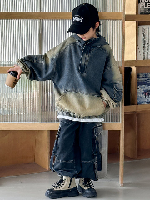 Boys' Spring and Autumn Denim Jacket 2025 New Style, Hooded Sweatshirt for Older Children, Children's Casual Top, Trendy