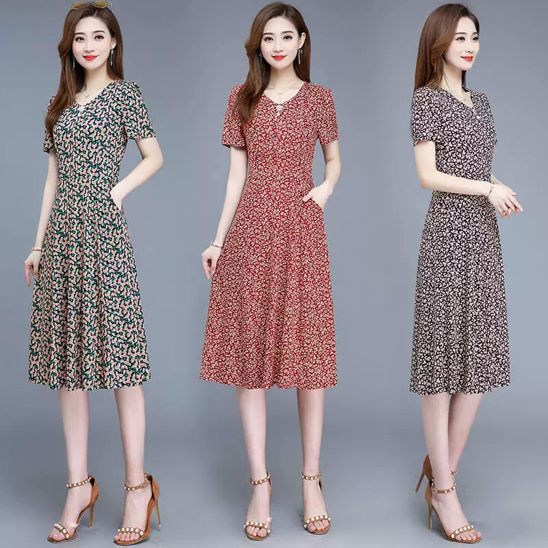 Váy trung niên và cao tuổi Mẹ đầm mùa hè ngắn tay cỡ lớn cho nữ Váy dài vừa phải và váy mỏng thon - Váy eo cao