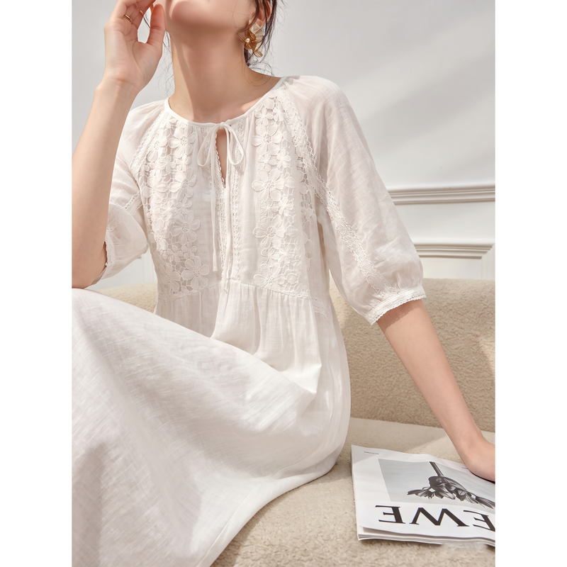 White Lace Embroidered Lace-Up Hollow Linen Mid-Length Dress, Unique and Super Pretty Dress for Women, 2026 New Summer Style