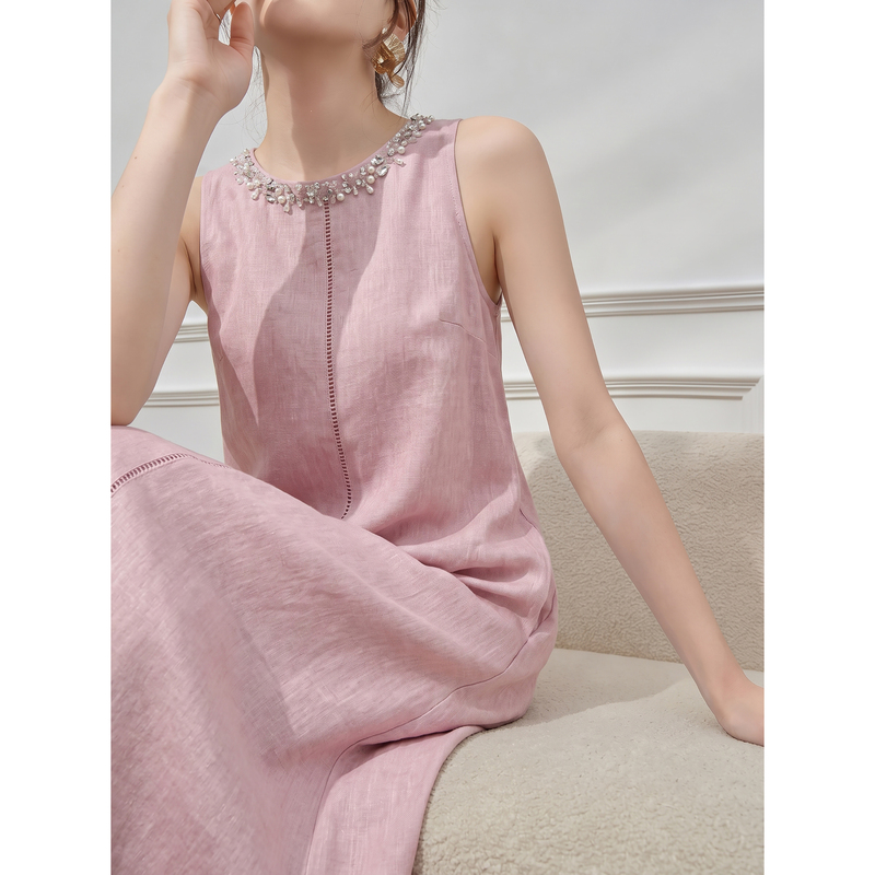 Pink Sleeveless Beaded Vest Straight Linen Long Skirt Particularly Beautiful Dress for Women 2026 New Summer Style
