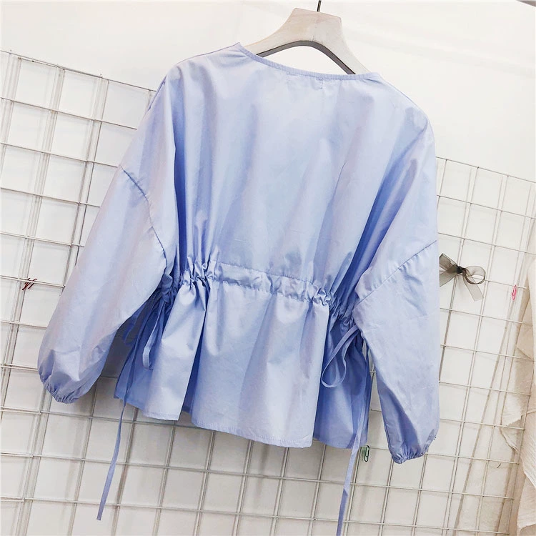 Áo sơ mi nữ cổng gió retro chic chic thiết kế cảm giác V-cổ dây rút eo phồng tay áo sơ mi búp bê mùa hè sơ mi tay ngắn