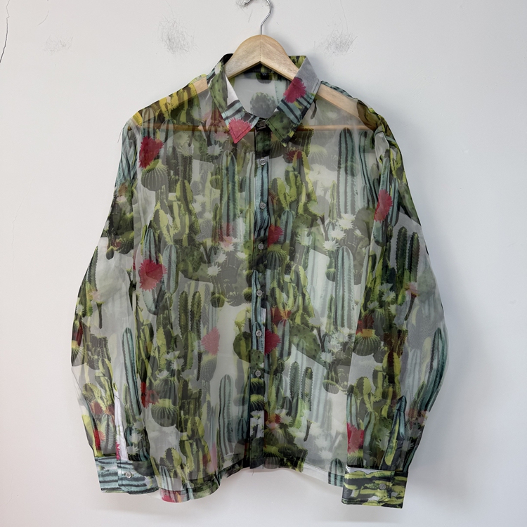 Limited Edition Cactus Print Sheer Organza Unique Designer Original Loose Fit Men's Shirt