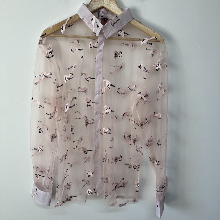 Pink Flamingo Embroidered Sheer Mesh Men's Original Designer Loose-Fitting Versatile Shirt