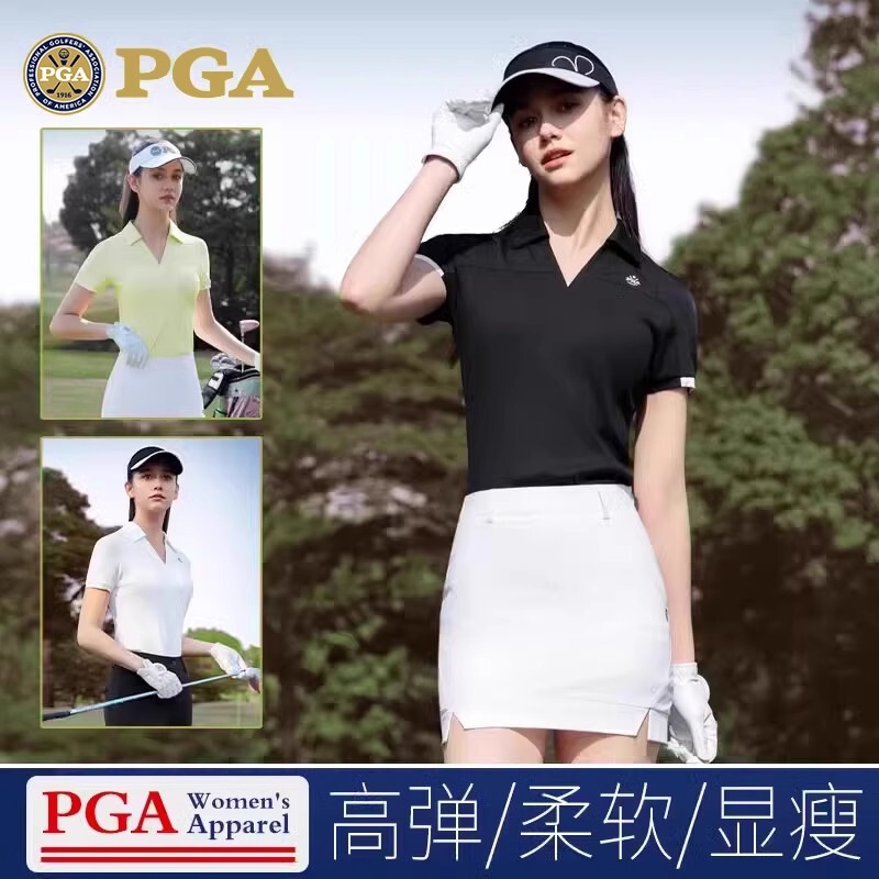 American Pga Golf Women's Summer Breathable Quick-Drying Short-Sleeved T-Shirt Slimming V-Neck Clothing Top New Set