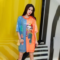 2022 Early Spring Summer New Personality Collision Color Medium Long t-shirt female wave hip hop Korean version loose short sleeve bright sheet T-shirt T