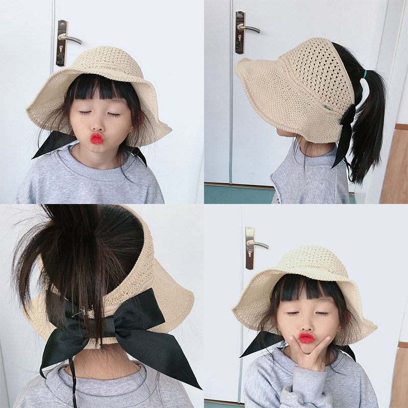 Bow-knot streamer children's empty top hat parent-child straw hat girl summer big brim sunscreen baby thin cool hat