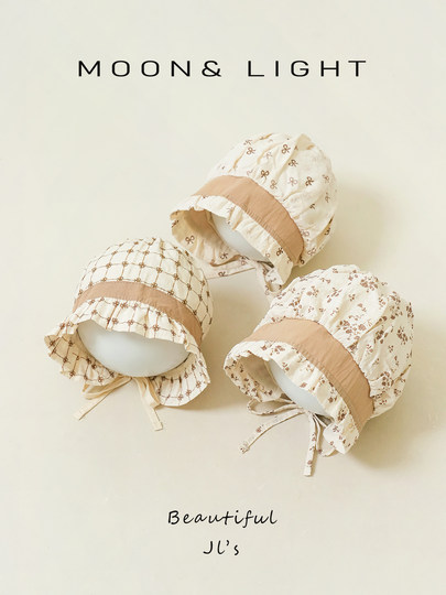 Baby hats for spring and autumn, milk tea color floral thin newborn hats for baby girls, ear-protecting palace hats for young babies