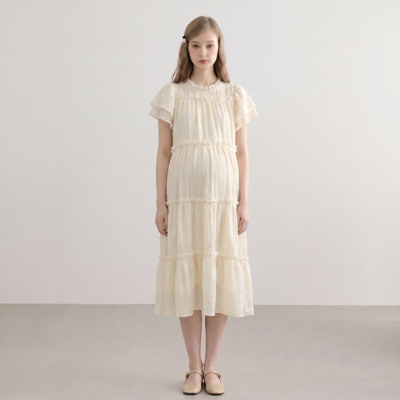 Pregnancy Joy: Looking Forward to the Birth! French-Style Designer Maternity Dress with a Gentle and Elegant Vibe, Tummy-Covering Tiered Long Dress Pregnancy Joy: Looking Forward to the Birth! French-Style Designer Maternity Dress with a Gentle and Elegant Vibe, Tummy-Covering Tiered Long Dress