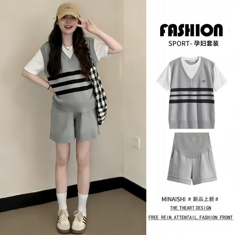 Maternity Summer Outfit 2026 New Style Petite Cool Top and Pants Two-Piece Set to Cover Belly and Look Slimming Maternity Summer Set