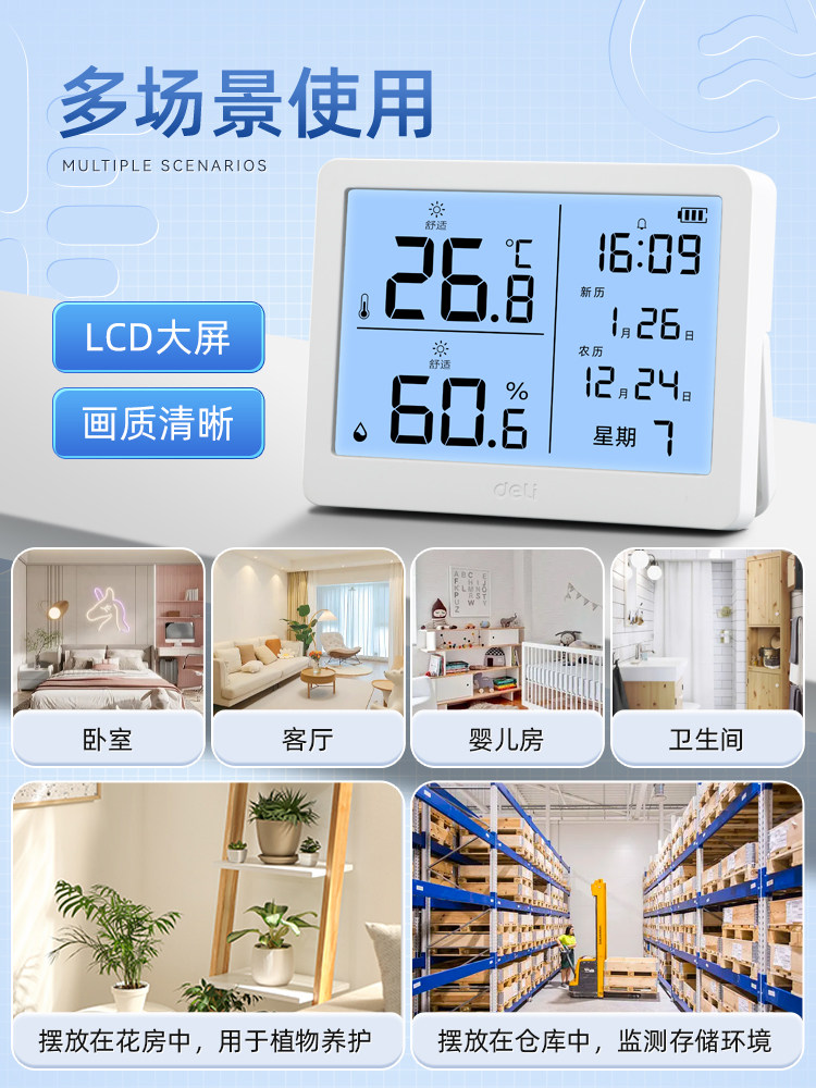 Deli Electronic Temperature and Humidity Meter for Home Indoor Use, Accurate Baby Room Wall-Mounted Room Air Hygrometer and Thermometer