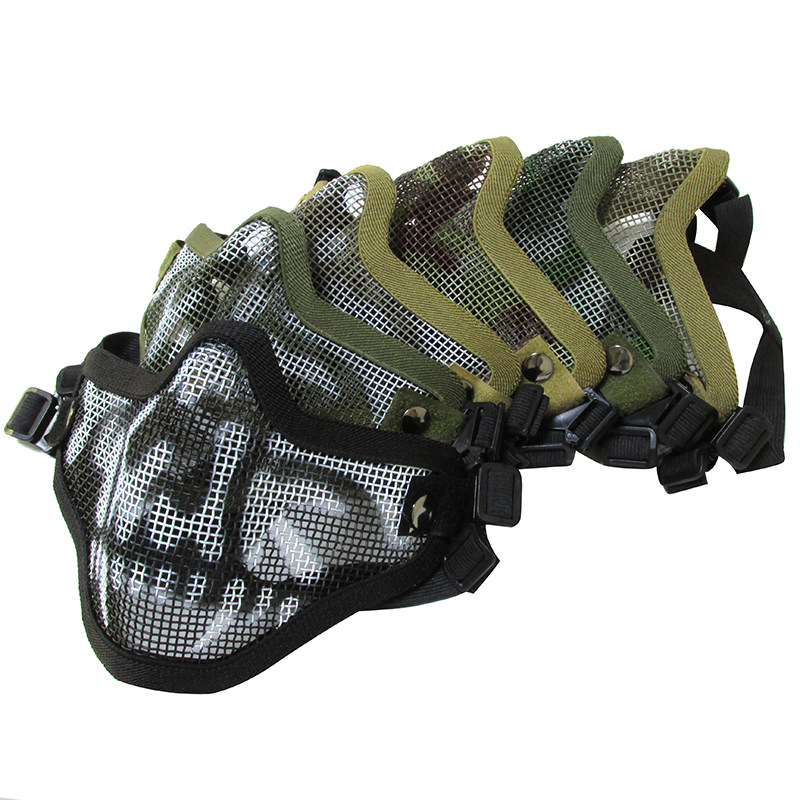 Skull Half Face Mask Outdoor Double Band Camouflak Skull Steel Wire Mesh Mask Tactical Ironnet CS Field Protective Face Shield