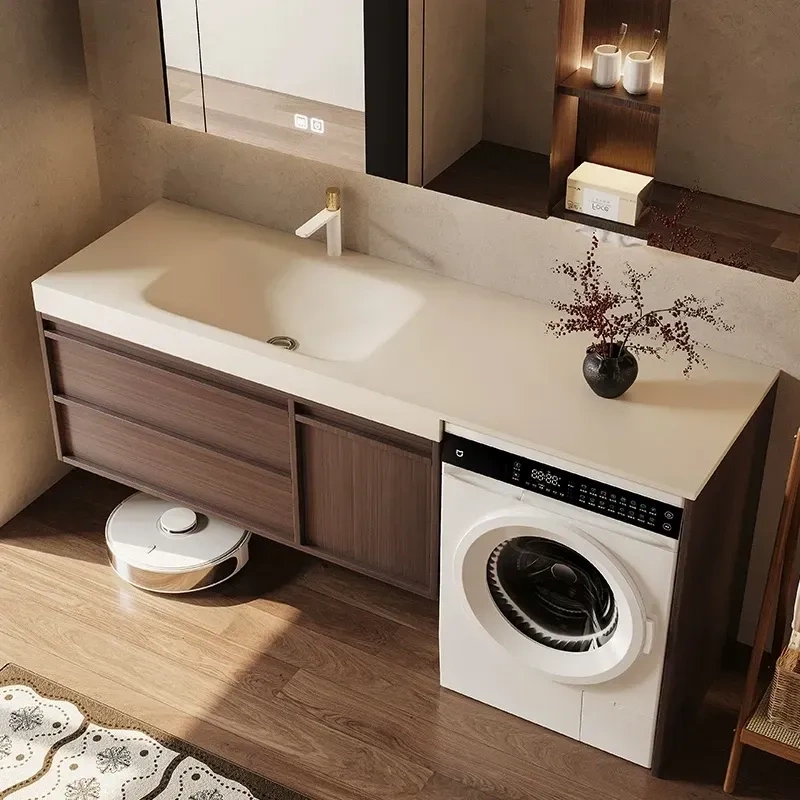 Medieval Style Walnut Bathroom Cabinet Combination Washbasin Washing Machine Integrated Cabinet Slate Hot-Bent Integrated Washbasin