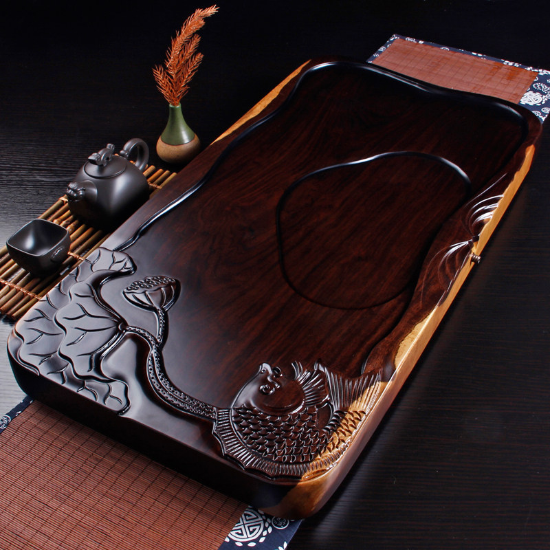 Black Purple Sandalwood Pure Solid Wood Tea Tray Whole Log Home Natural Drain Type Large Wooden Rectangular Tea Table