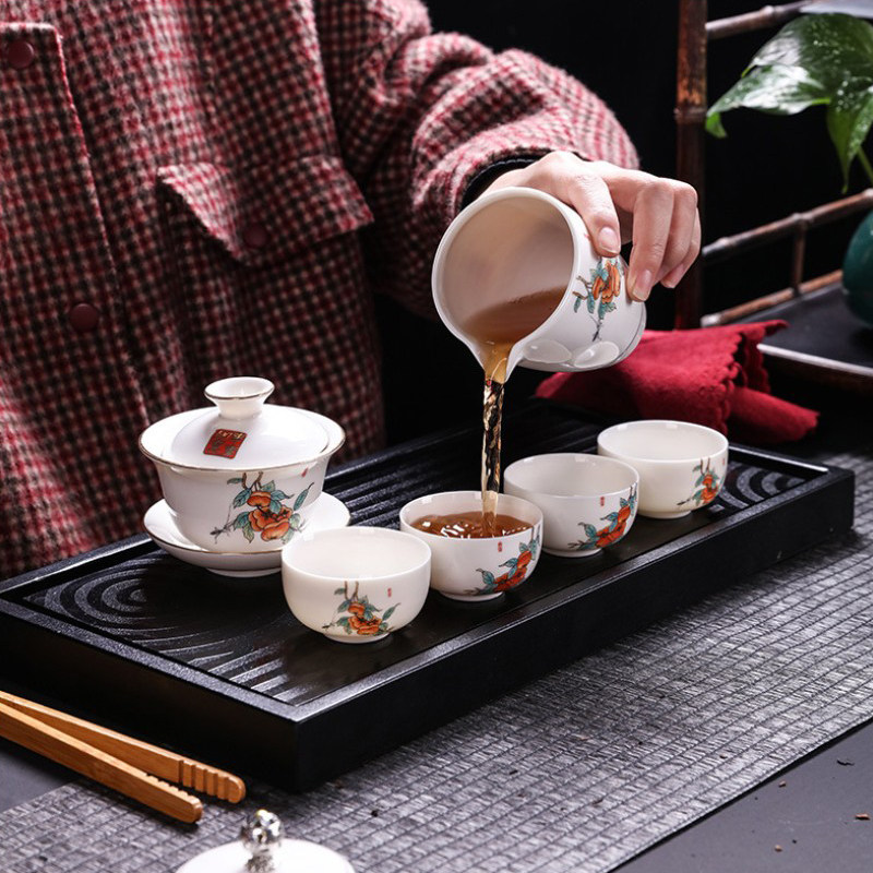 Mingke high-grade white porcelain tea brewing kung fu tea set set home living room ceramic black tea cover bowl tea cup gift box