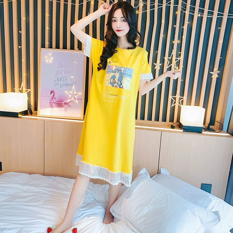 Bộ đồ ngủ mùa hè của phụ nữ ngắn tay cotton plus size Hàn Quốc phiên bản phục vụ tại nhà mỏng gợi cảm giữa đồ ngủ ngọt ngào dễ thương - Đêm đầm