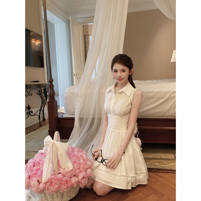 Ciona Mona Sweet Style Sleeveless Shirt Dress for Women, White Waist-Cinching Elegant Dress with a Cool and Moonlight Feel Ciona Mona Sweet Style Sleeveless Shirt Dress for Women, White Waist-Cinching Elegant Dress with a Cool and Moonlight Feel