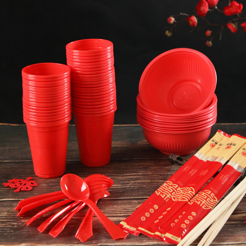 Plastic Cup Bowls Disposable Wedding items Wedding Banquet Wedding Banquet Wine Seats Tableware Bowls chopsticks Festive Red Wedding Banquet