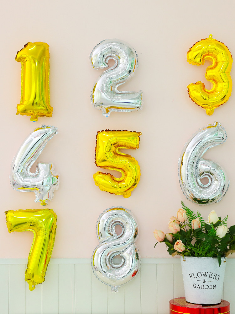 16 inch gold and silver Arabic numerals aluminum foil balloon Children's Day baby party birthday decoration ornaments 0-9