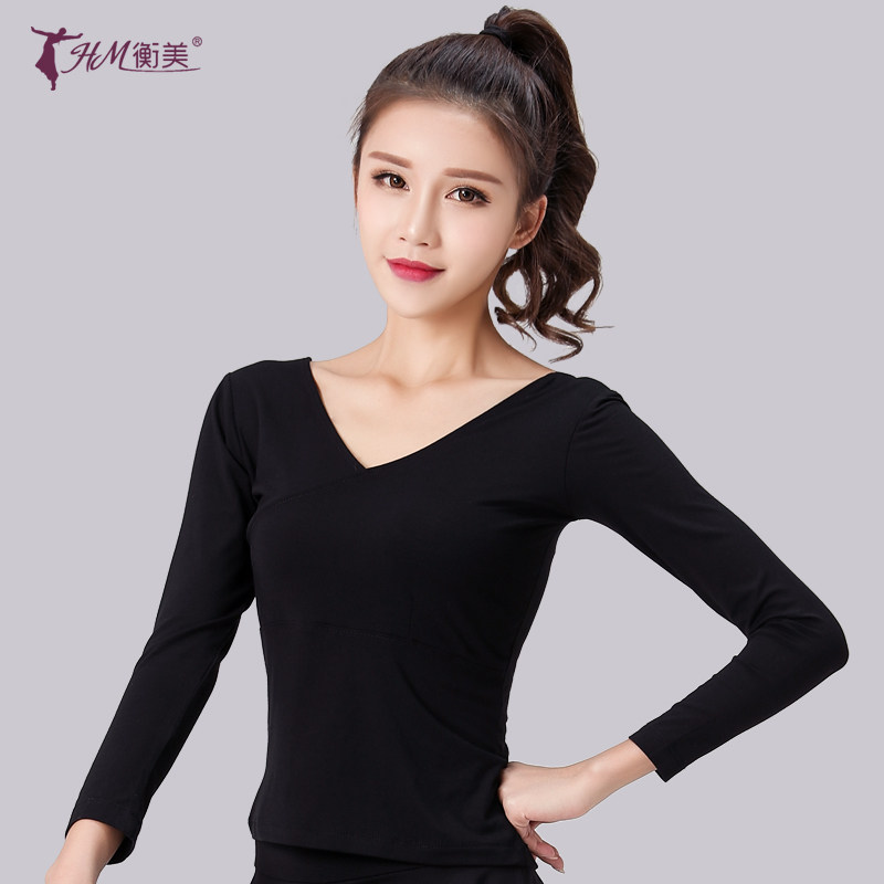 Hengmei long-sleeved dance practice suit Adult female slim V-neck black Modal dance suit Latin dance top autumn