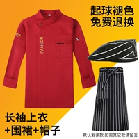 Красный лонгслив, фартук, шапка