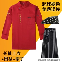 Красный лонгслив, фартук, шапка