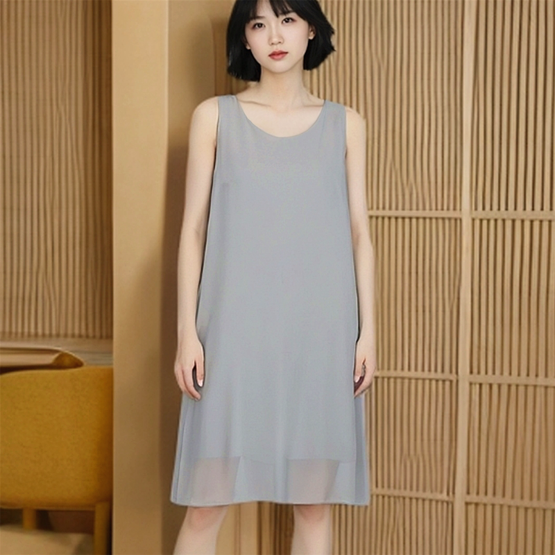 100kg New Summer Style Sleeveless Mid-Length Dress with Round Neck and Suspenders, Loose and Fashionable Chiffon Tank Dress
