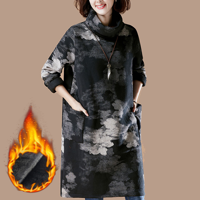 Fleece-Lined Thickened Sweatshirt for Women, Autumn and Winter 2026 New Korean Style Loose Printed Mid-Length High-Neck Base Shirt Top