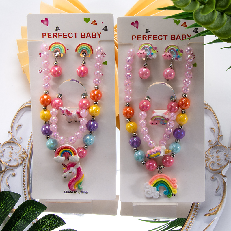 Trendy Children's Jewelry Set: Necklace, Bracelet, Ear Clips, Ring, Rainbow Horse Unicorn Princess Jewelry Set for Girls Trendy Children's Jewelry Set: Necklace, Bracelet, Ear Clips, Ring, Rainbow Horse Unicorn Princess Jewelry Set for Girls