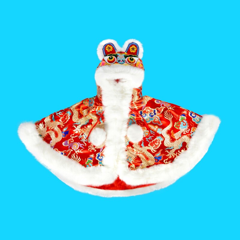 Children's shawl brocade phoenix handmade conjoined princess cloak girls winter rabbit fur red cloud brocade dragon pattern