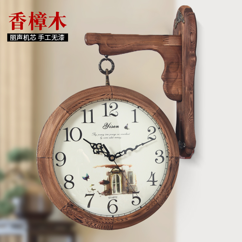 American solid wood bifacial hanging bell mute European-style living room Two sides hanging table Creative Country Clock Retro and watch big