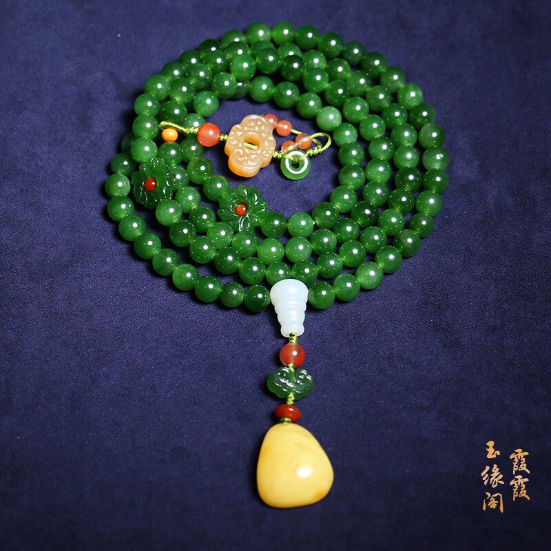 Xiaxia Yuyuan Ge Xinjiang Hetian jade jasper necklace Spinach green beads bead chain Jasper necklace Private custom models